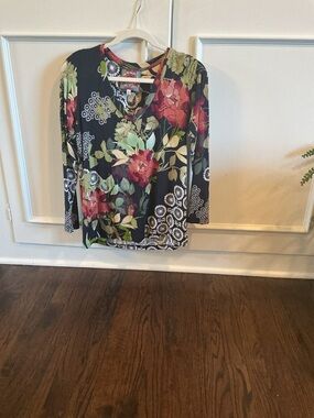 Johnny Was Black Floral V-Neck Top with Pink and Green Accents